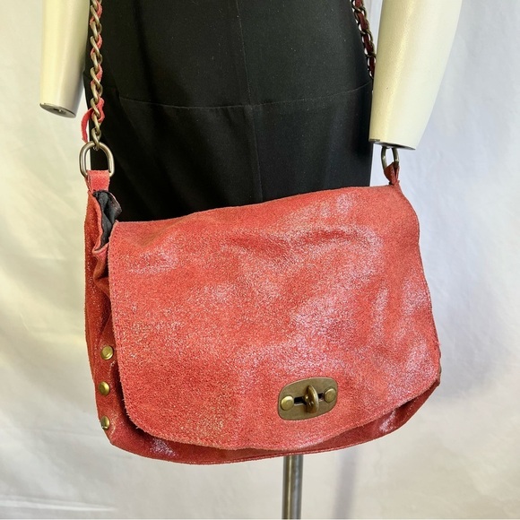 Red leather crossbody bag  metallic straps genuine leather made in italy - Picture 4 of 12